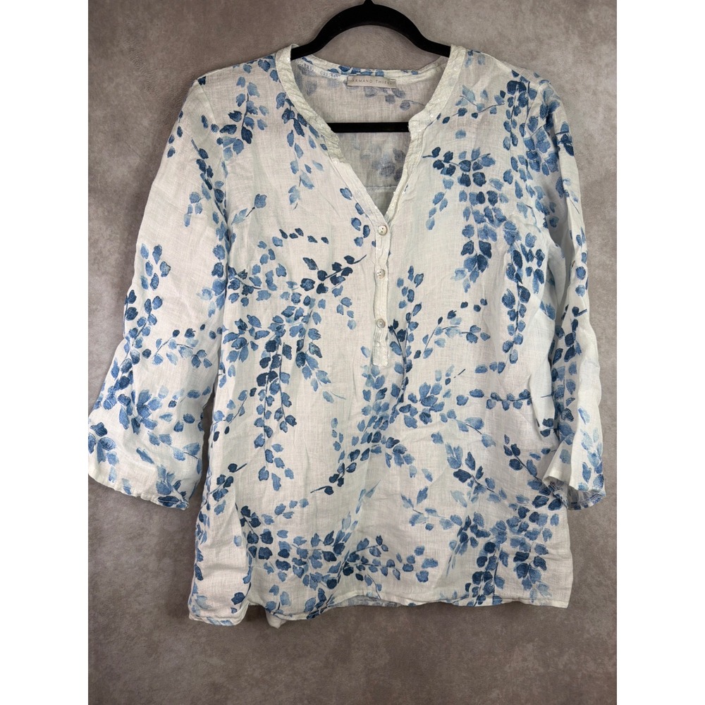 Armand Thiery Linen Tunic Women XL White Blue Botanical Sequin Roll Tab Blouse